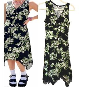 Vintage Y2K Sharkbite Hem Babydoll Dress Size L Black Green Floral Perception